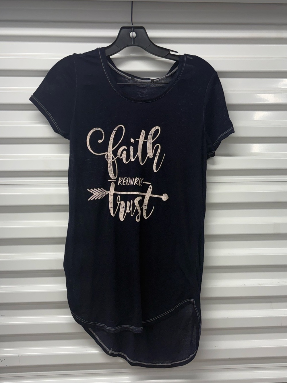 Navy Blue Religious Graphic Print T-Shirt Womens Med Round Neck Short Sleeve